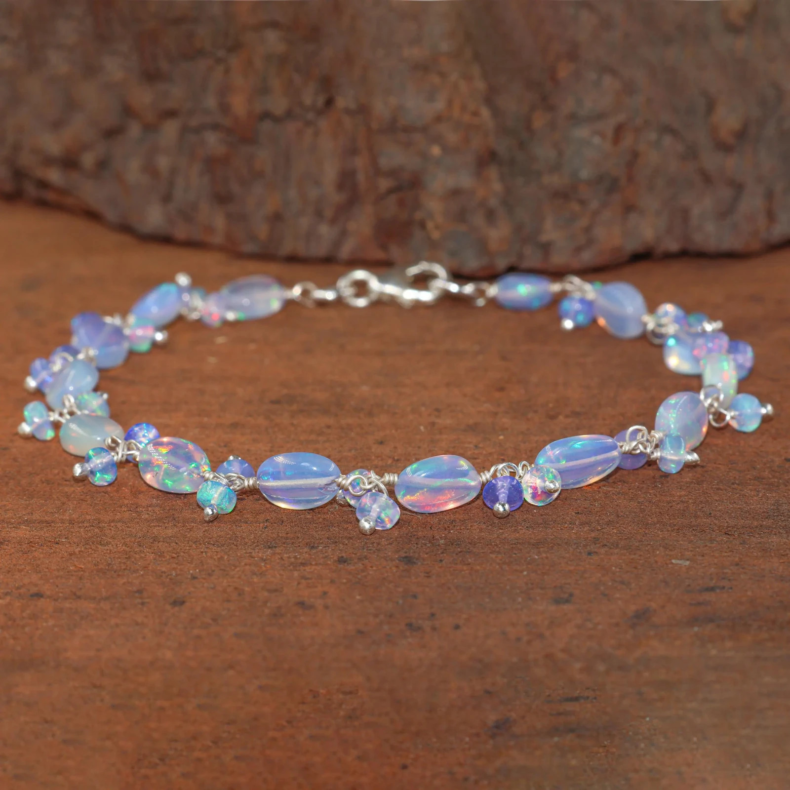 Fire Blue Opal Gemstone Tumble Beads Bracelet, Genuine Ethiopian Opal Bracelet
