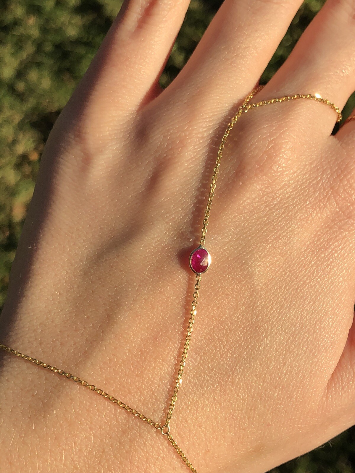 Stunning Oval Natural Ruby 14K Yellow Gold Hand Chain Slave Combo Ring Bracelet