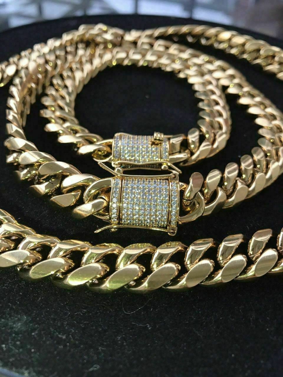 Men Real Cuban Miami Link Bracelet Chain Set 18k Gold Plated Simulated Diamond