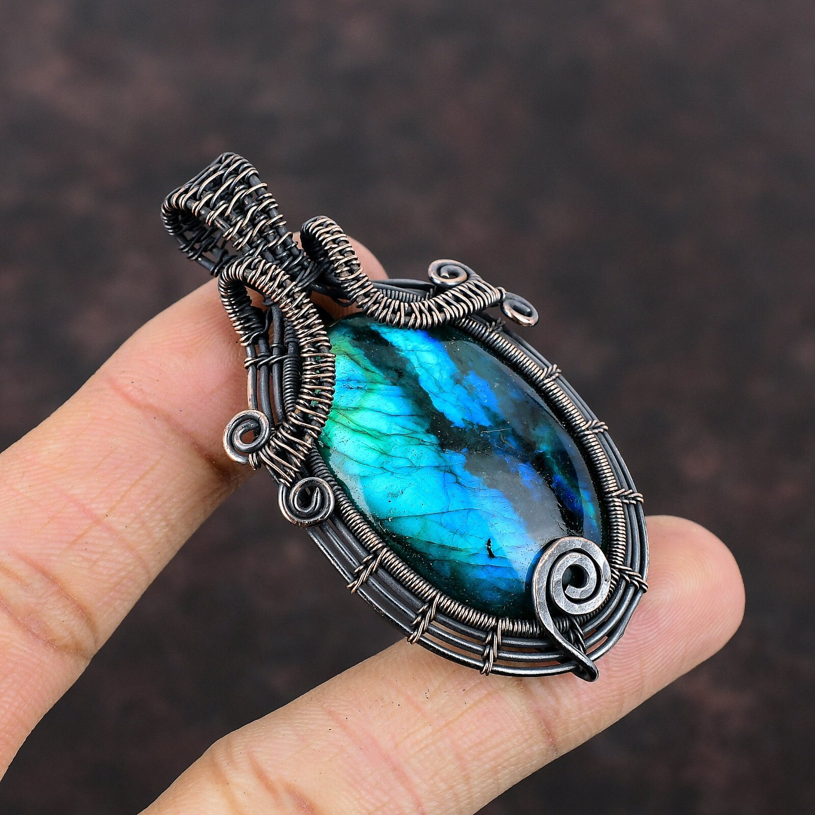 Gift For Her Neon Flash Labradorite Wire Wrapped Pendant Copper Jewelry 2.56″