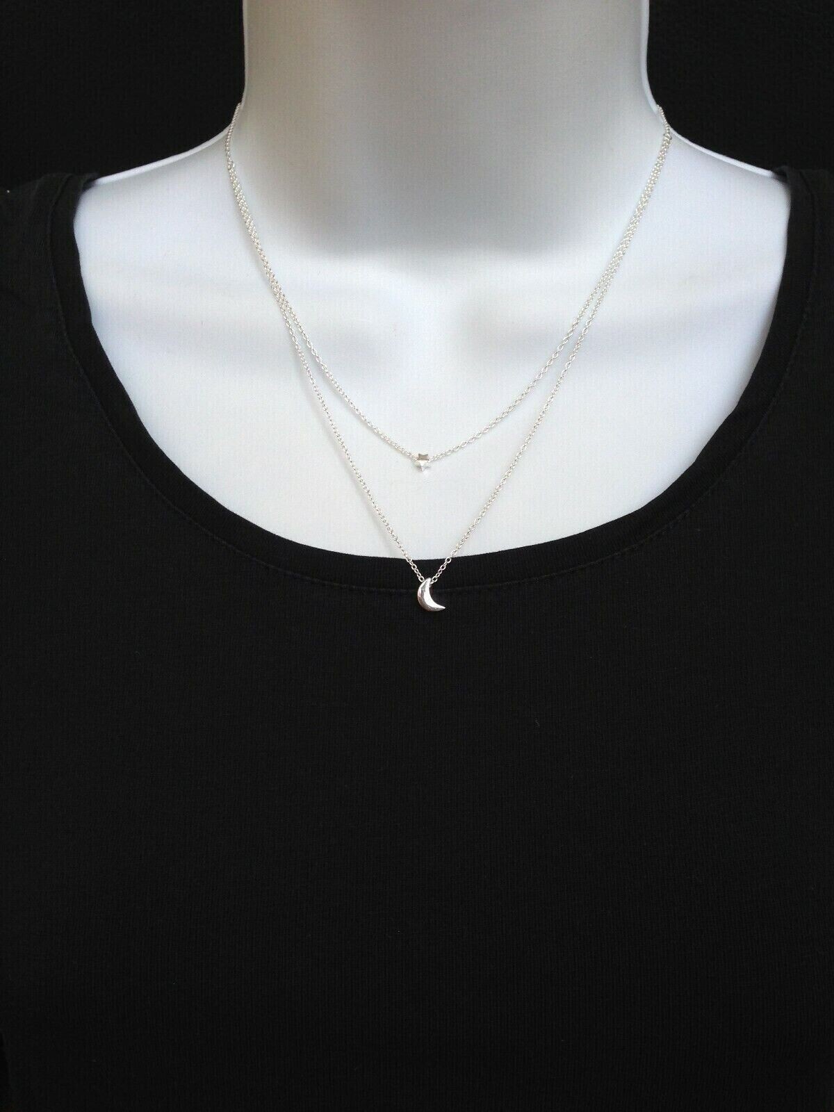 925 Sterling Silver Plain Star Crescent Moon Pendant Layered Necklace 2.8/7.8mm