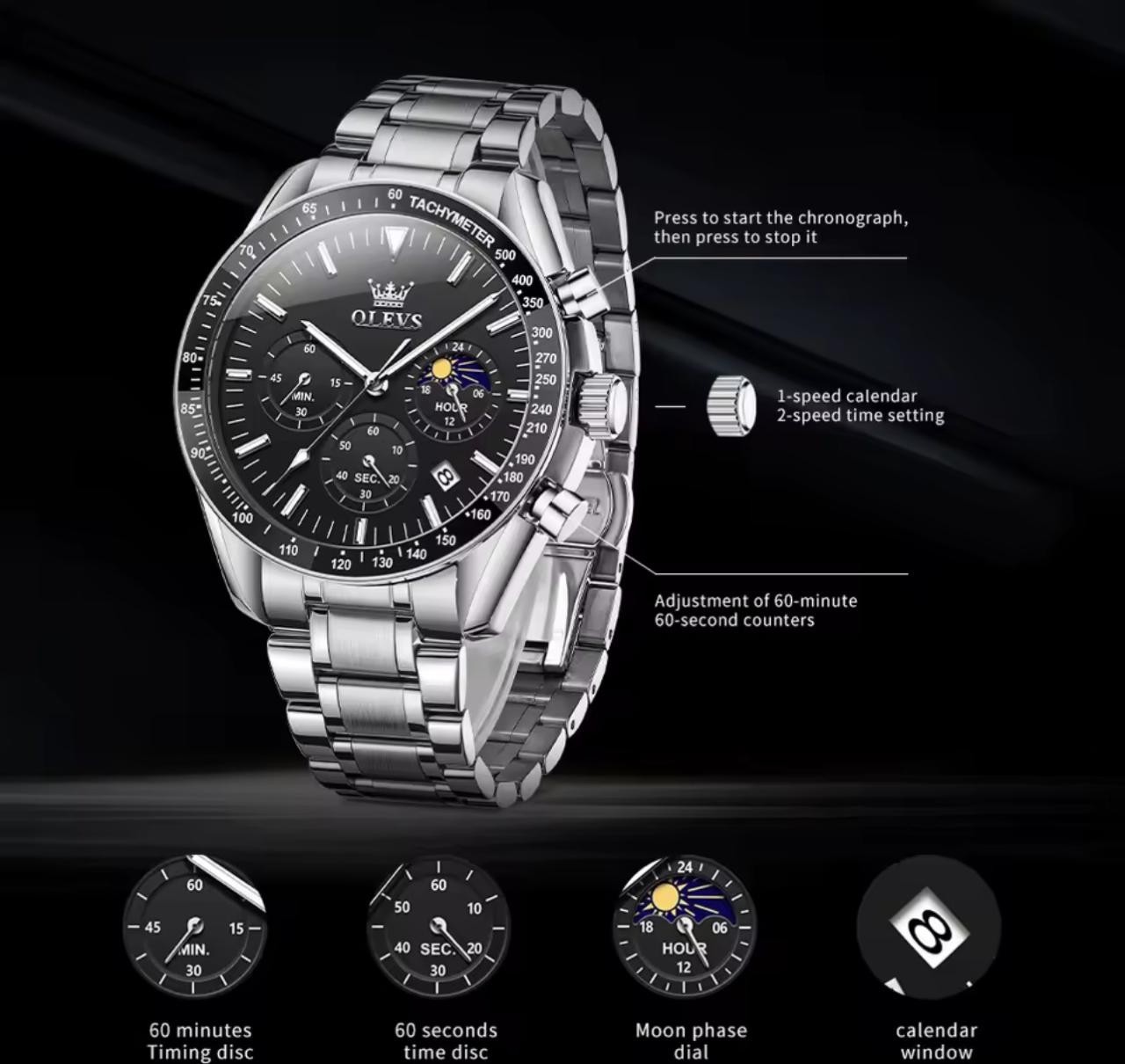 Men’s OLEVS Chronograph Watch – Moon Phase, Tachymeter Bezel, Stainless Steel
