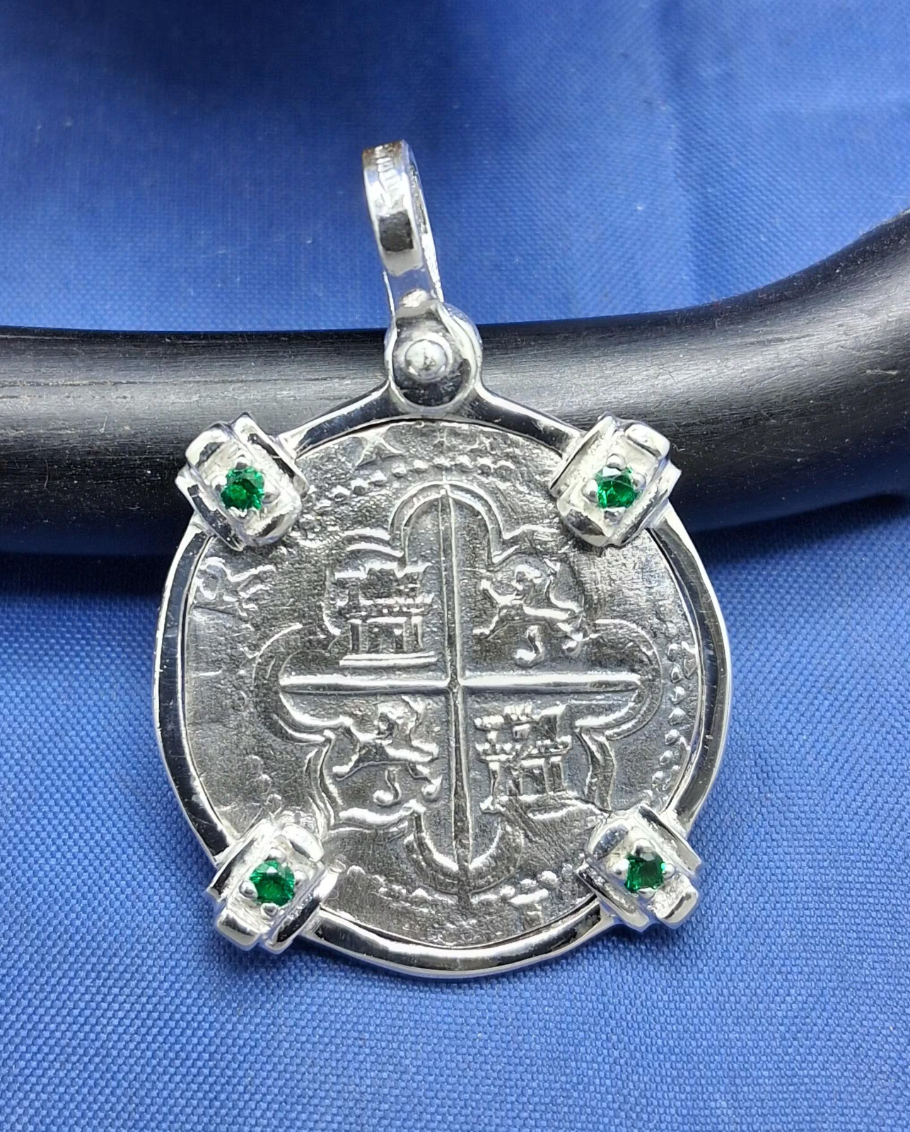 Sterling 2 Reale Replica Atocha Shipwreck Pirate Coin Pendant with Emeralds