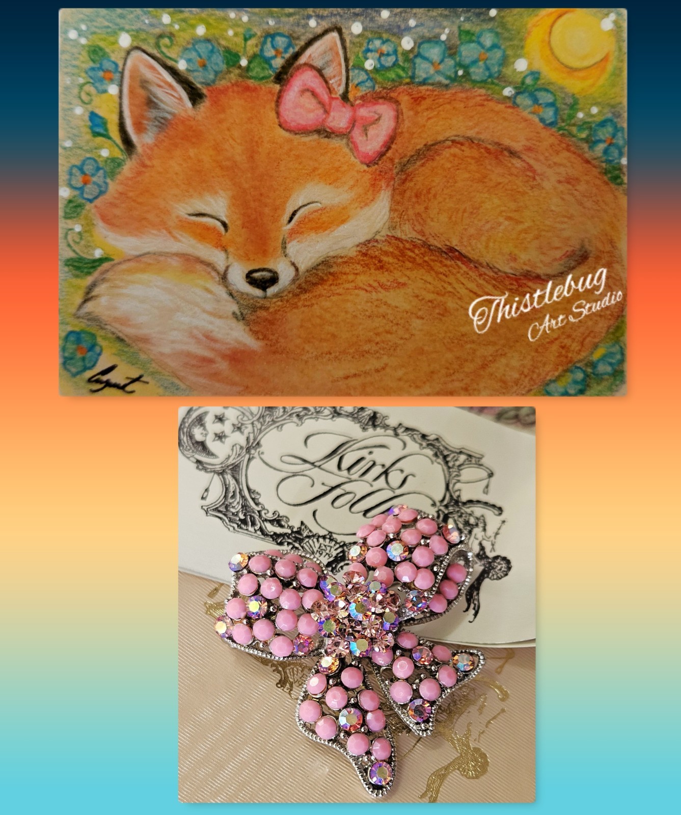 ACEO Fox Pastel Painting Kirks Folly Bow Pendant Brooch Pink Bows Gift Set CUTE!