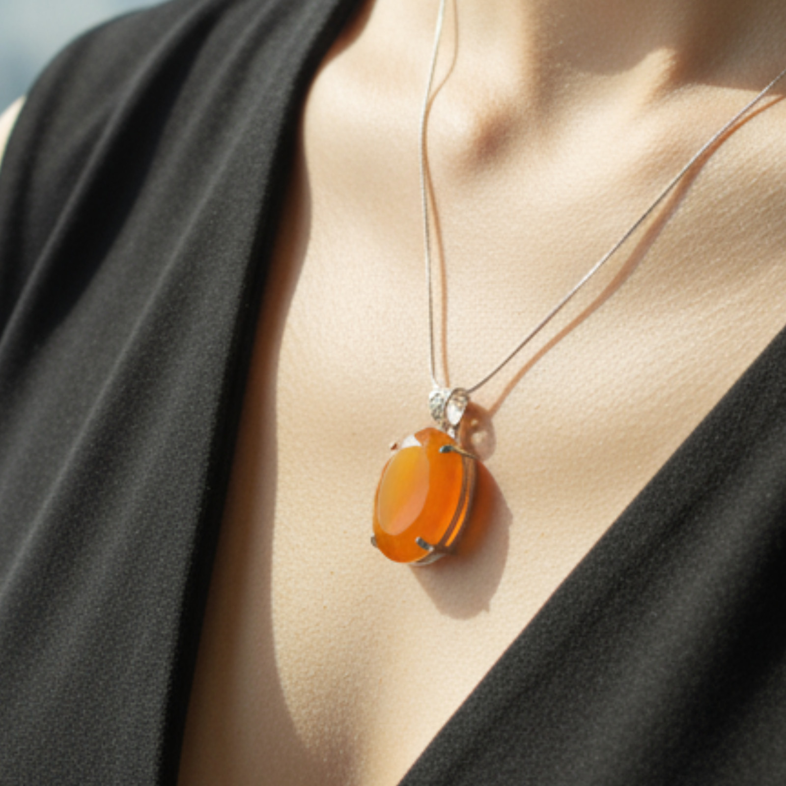 Orange Opal Oval Cut Pendant Necklace | Natural Gemstone Jewelry With Free Chain
