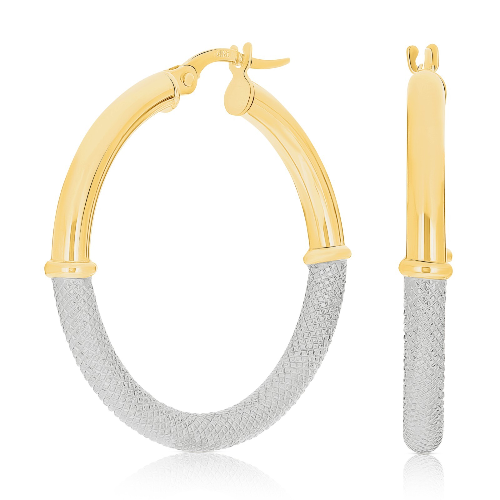 Italian 14k Yellow & White Gold Waffle Texure & Shine Hollow Hoop Earrings 1.2″