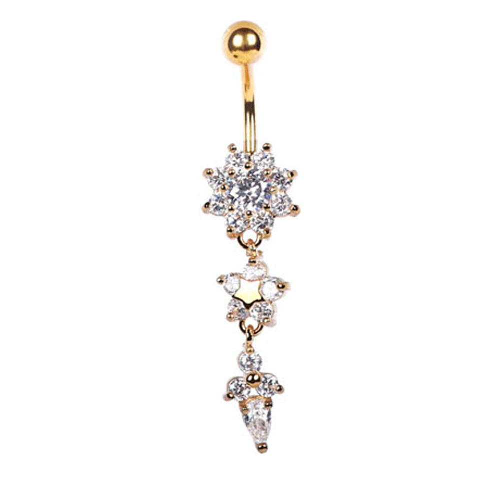 CZ Flower Belly Button Ring Surgical Steel Dangle Navel Bar Barbell Piercing 14g