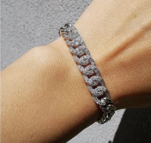 18K White Gold Filled Cuban Link Chain Bracelet made Simulated Diamond 7”