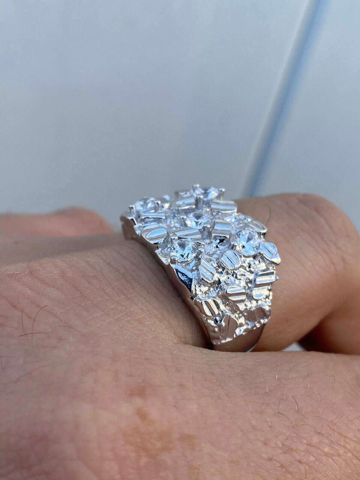 Mens REAL Solid 925 Sterling Silver Iced Nugget Ring Hip Hop CZ