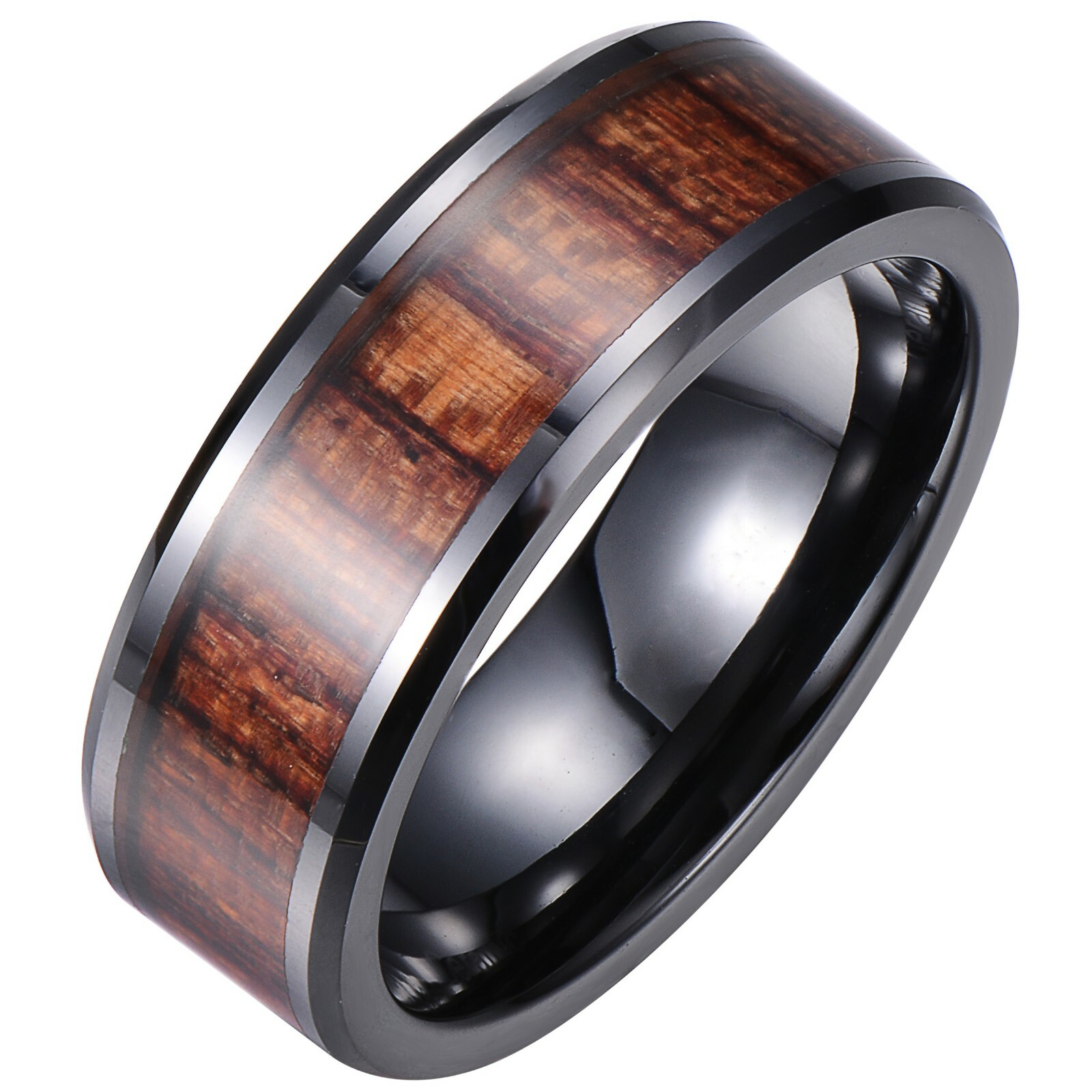 Tungsten Carbide Ring Black Silver Real Koa Wood Inlay Hawaiian Wedding Band