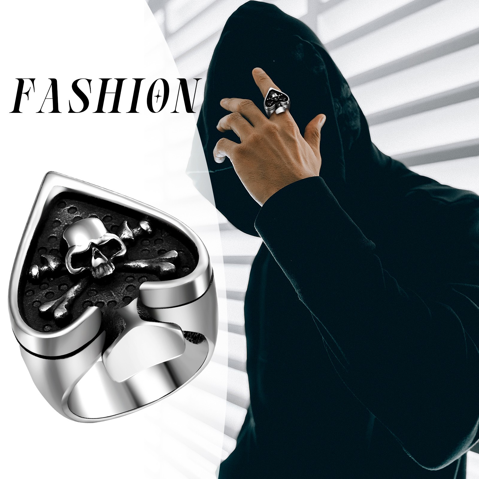 Men’s Punk Gothic Biker Skeleton Skull Playing Card Ring Stainless Steel Band US