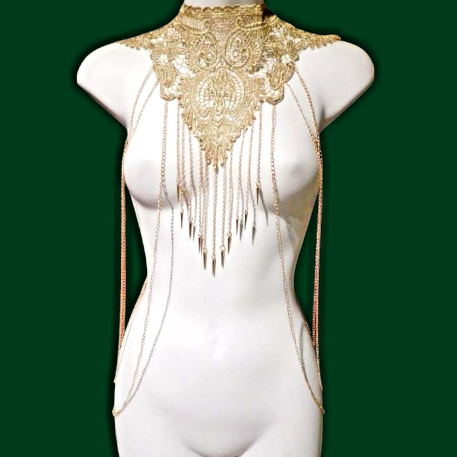 GOLD CHAIN & SPIKES LACE BODY JEWELRY necklace harness yoke choker goddess Z8