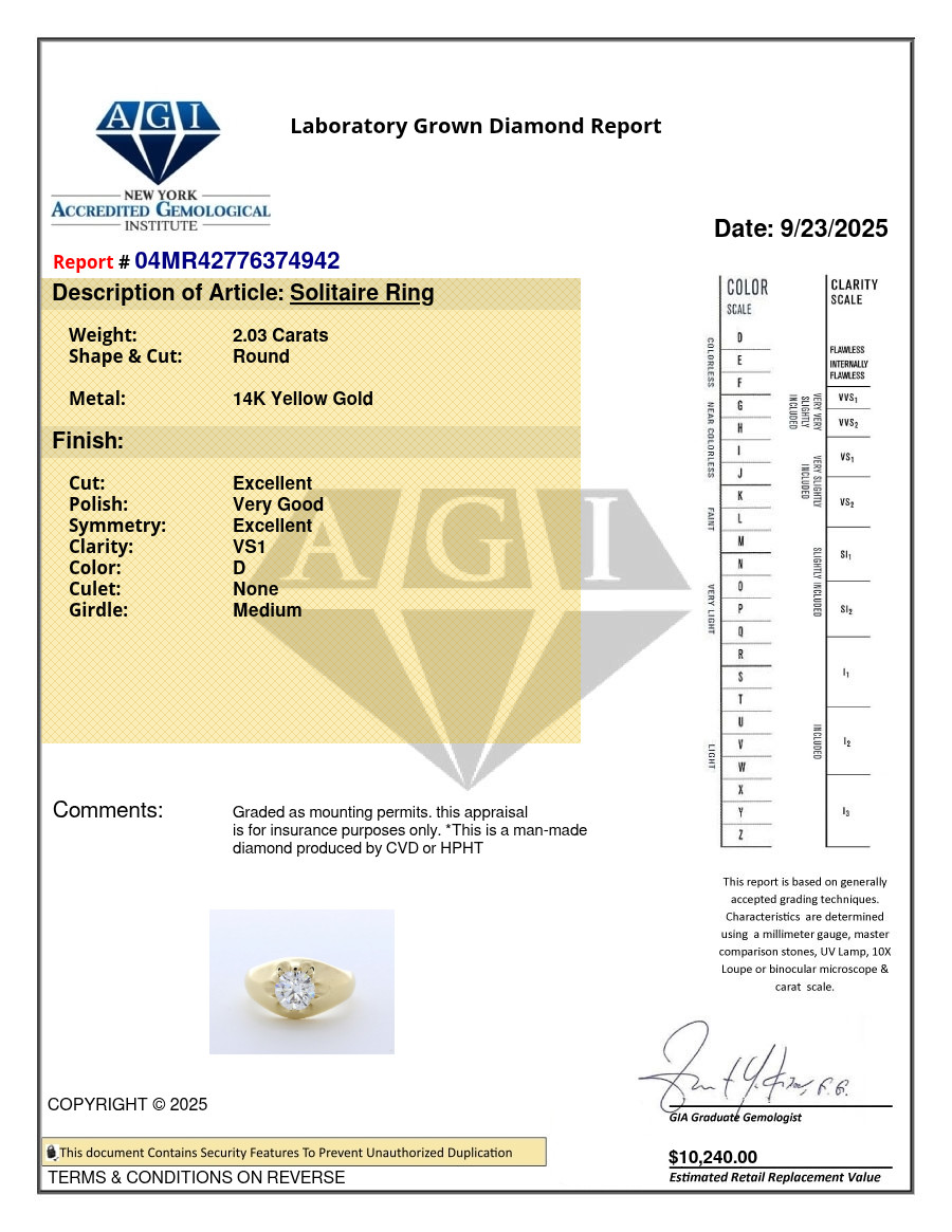Solitaire Engagement Ring Solid 14K Gold 2.03 CT Round Lab-Grown Diamond D VS1