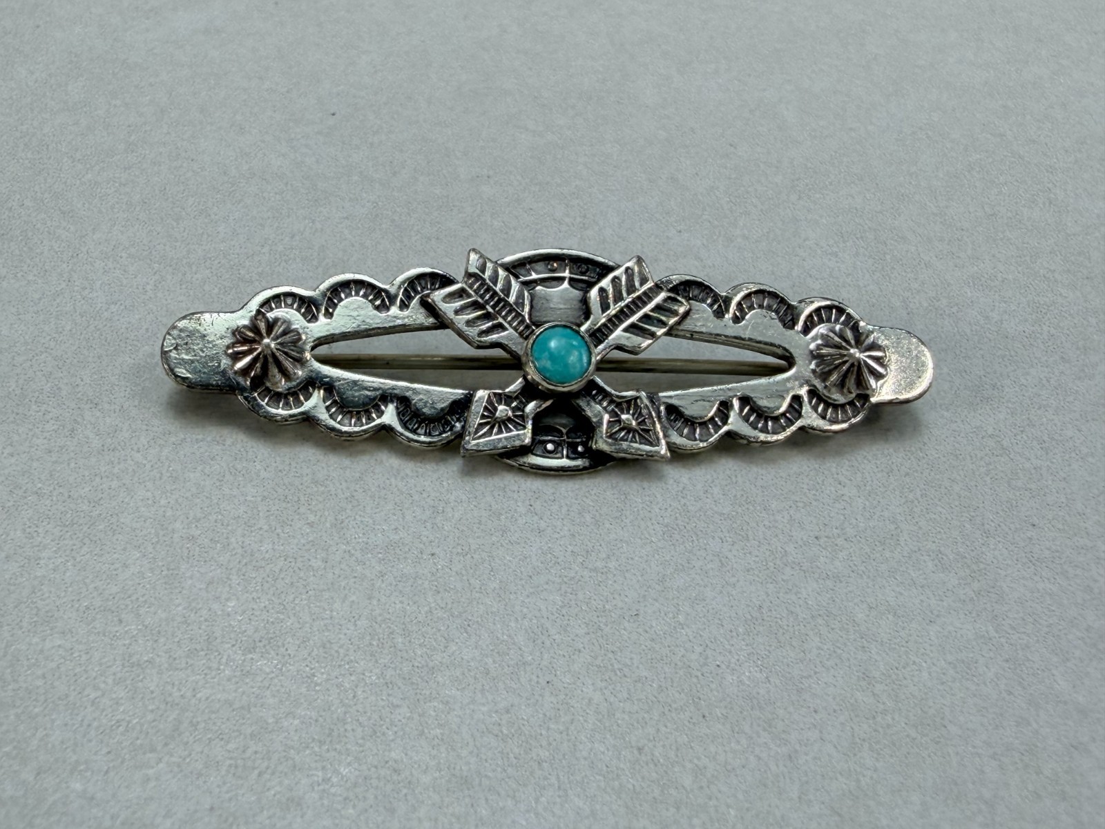 Vintage Sterling Silver Native American Turquoise Bar Brooch Western Pin