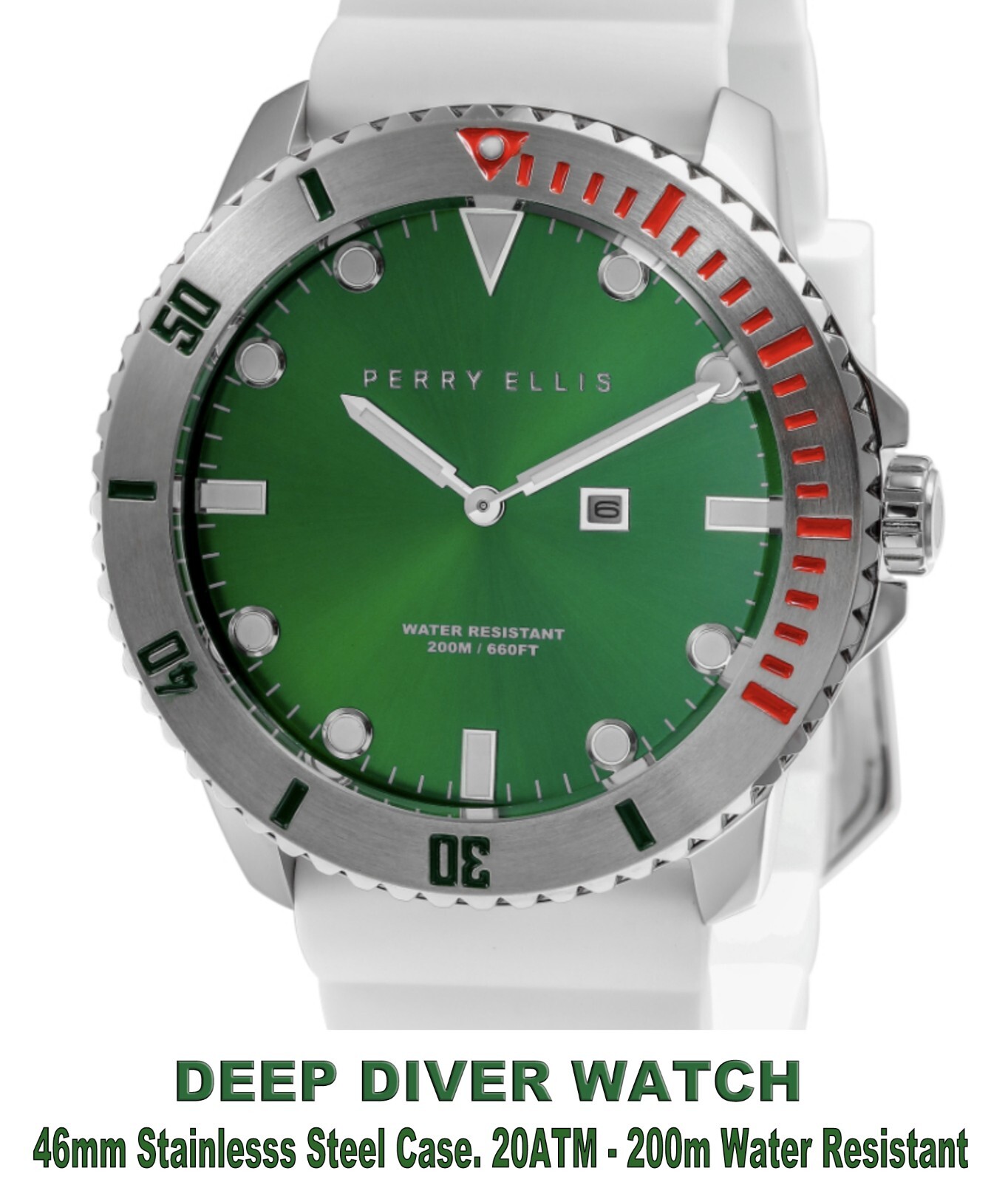 Perry Ellis 46mm Deep Diver Men’s Watch 200M WR Green Silver PEW02003-03 20ATM