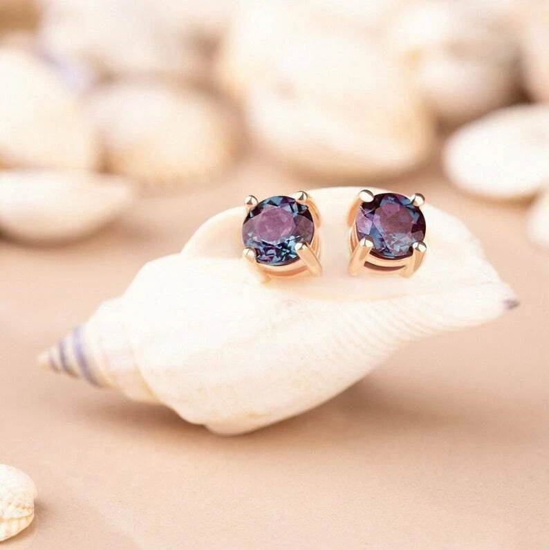 2Ct Round Cut Alexandrite Solitaire Push Back Stud Earrings 14k Rose Gold Finish