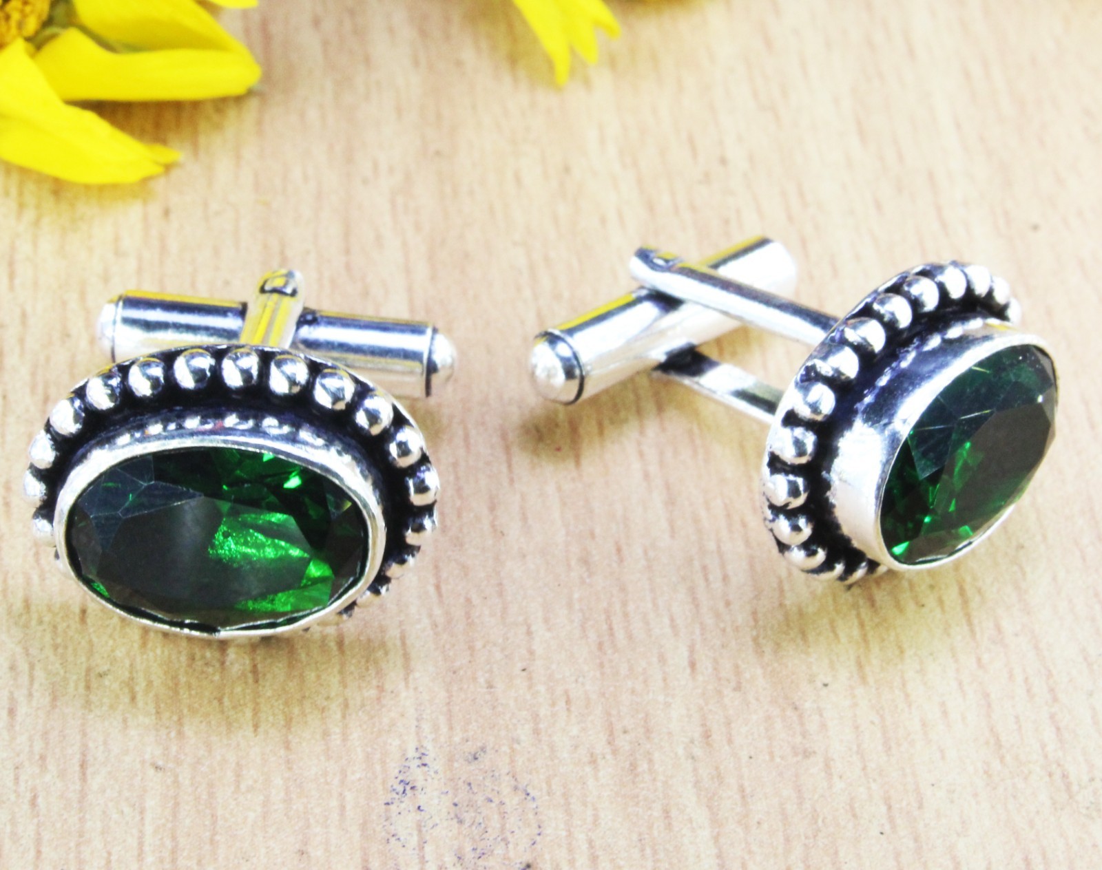 Chrome Diopside Gemstone Handmade 925 Sterling Silver Jewelry Cufflink For Gift