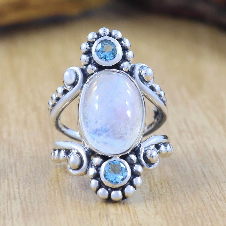 Moonstone & Aquamarine Ring 925 Sterling Silver Ring Gemstone Ring Women’s Ring