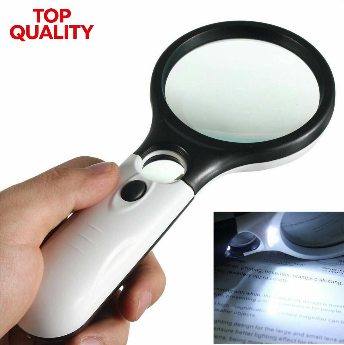 45X Handheld Reading Magnifier with 3 LED Lights Glass Lens for Jewelry
