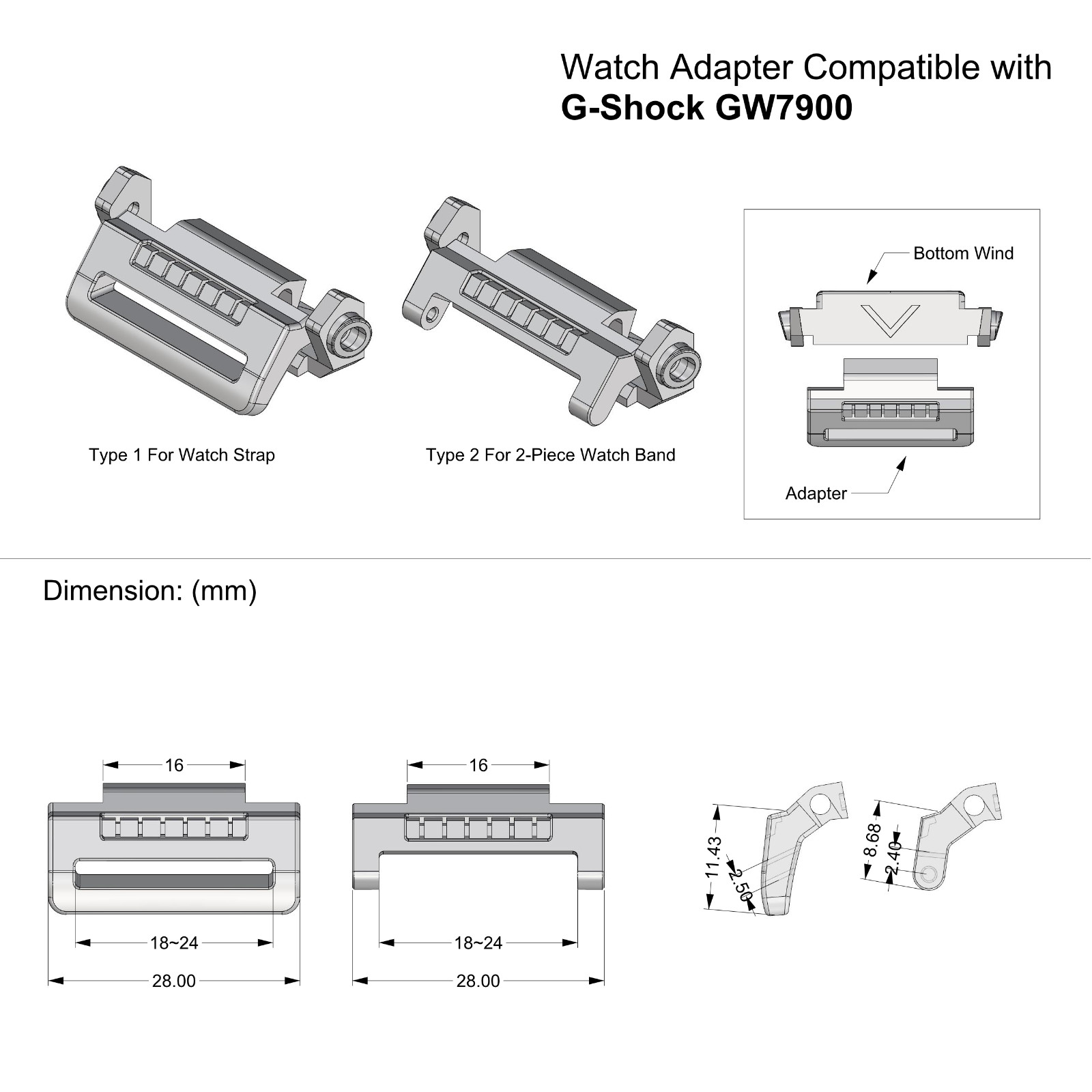 Tough resin watch adapter compatible with Casio G-SHOCK GW7900