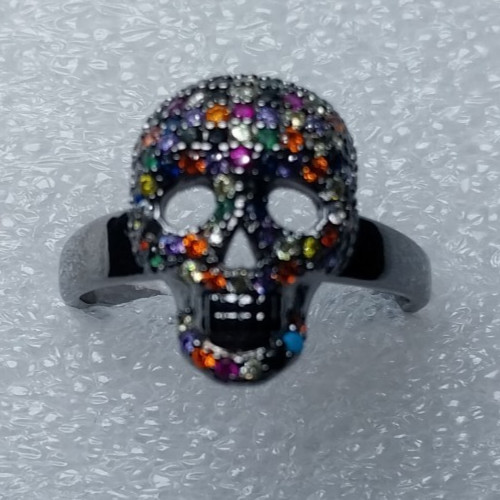 Gothic Skeleton Skull Ring Multi-Color Crystal Black Gunmetal Tone Finish Size 7