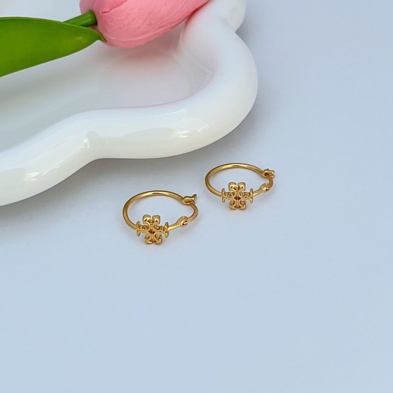 New Tory Small Eleanor GOLD Logo Hoop Earrings with Jewelry Pouch