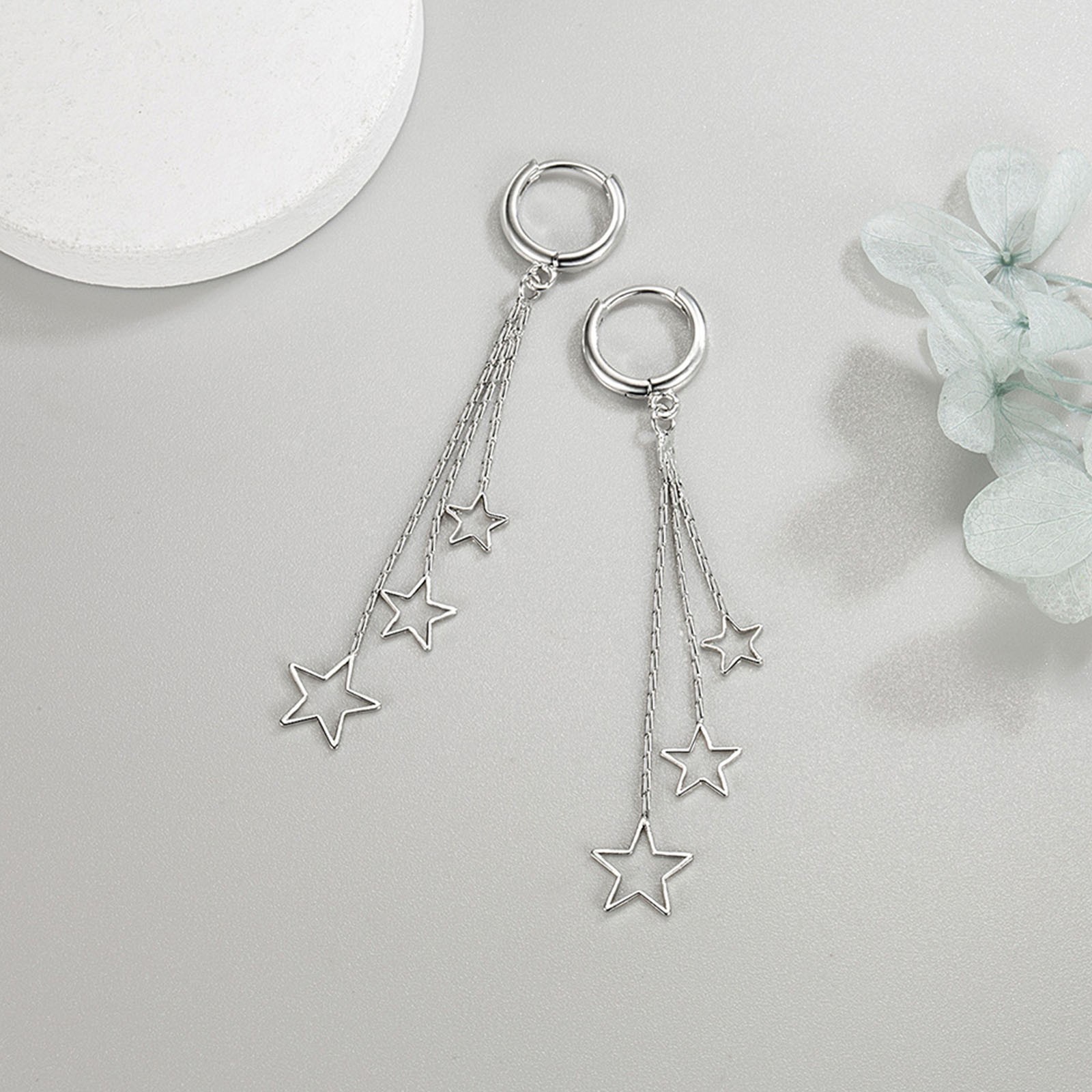 Silver Gold-Plated Star Drop Hoop Earrings Women – Long Dangle Chain Earring 920