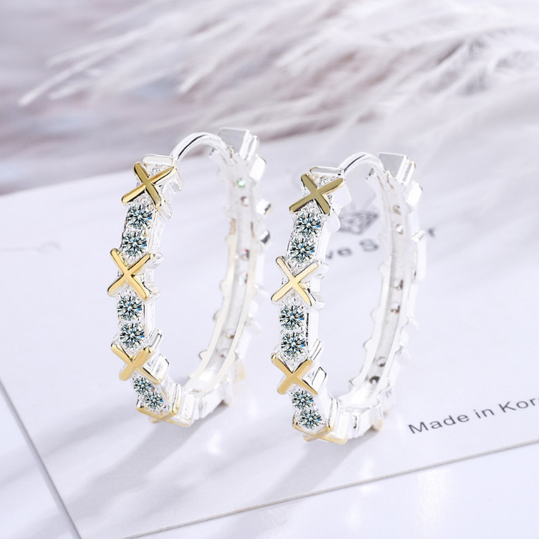 925 Sterling Silver Gold Tone CZ Cross Huggie Hoop Earrings 15mm/0.6″ Gift PE