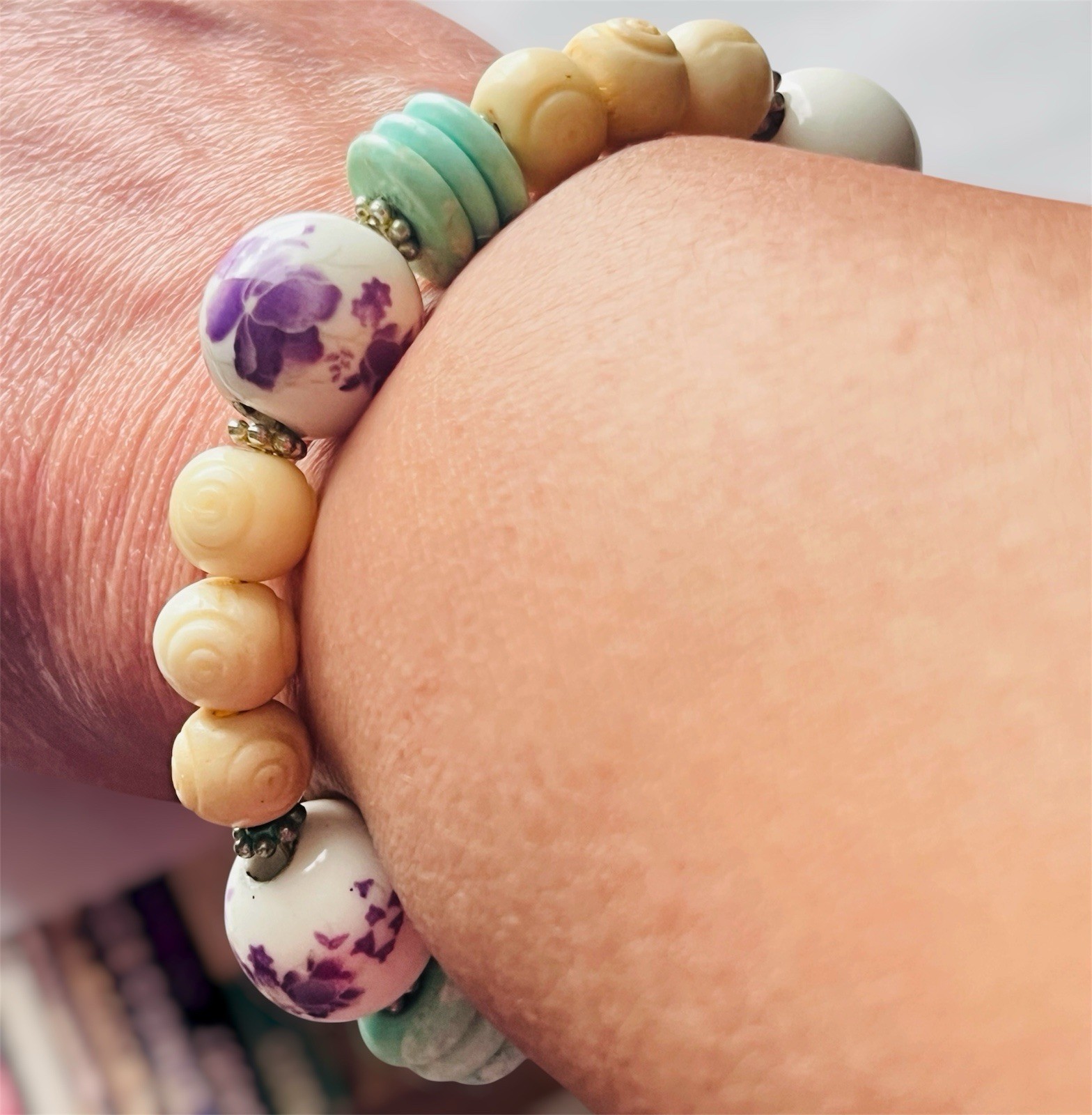 Ceramic Floral Imprinted Beaded Bracelet Magnetic Clasp Handmade New