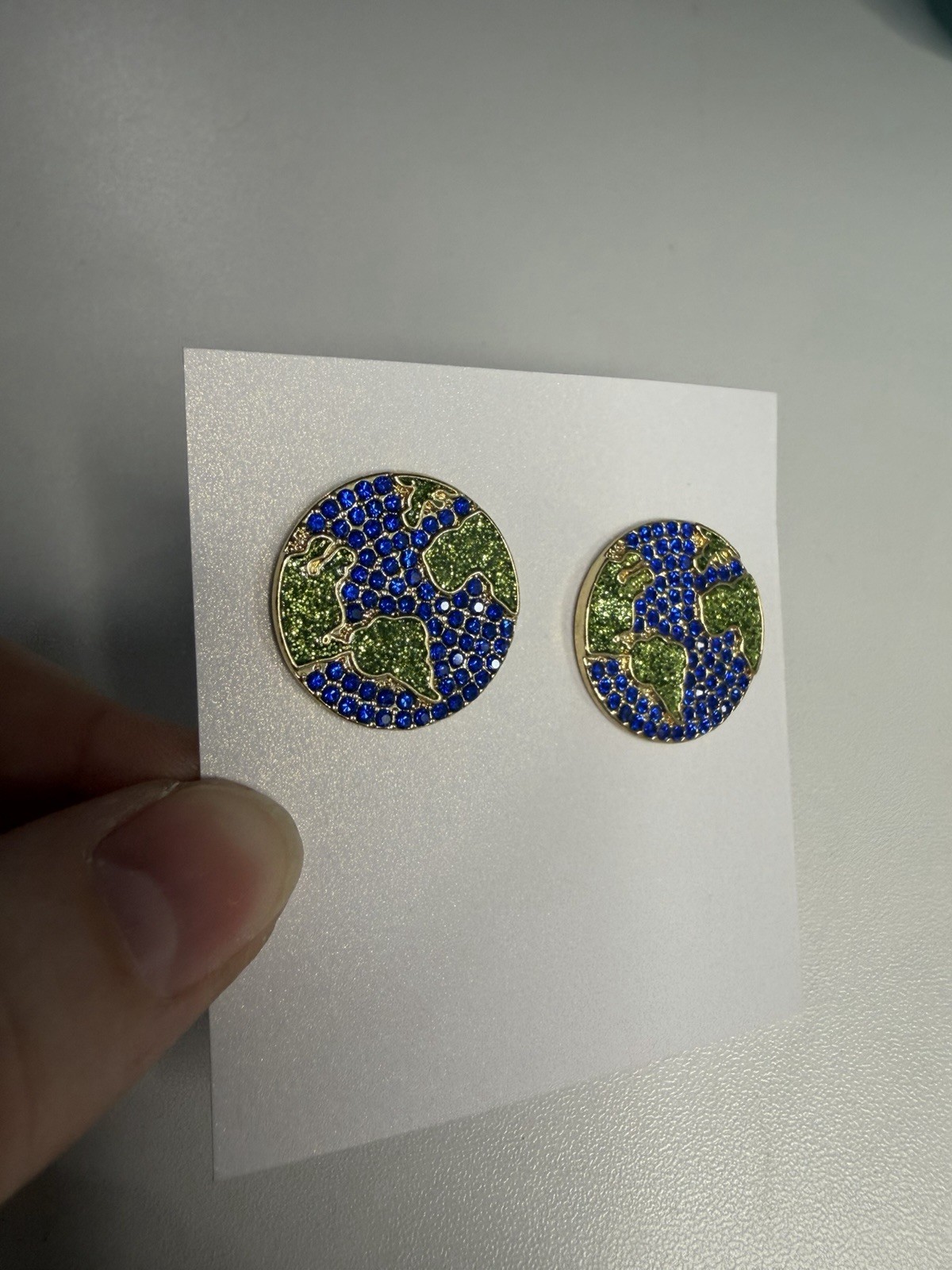 BaubleBar Earth Planet Earrings Blue Green Gold Rhinestone World Stud Earrings
