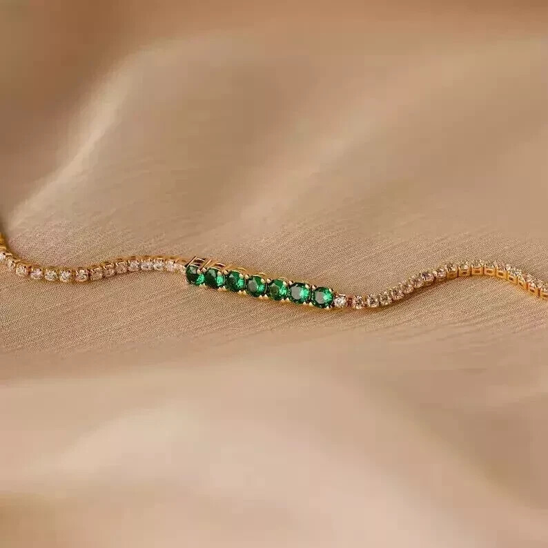 7Ct Round Cut Lab Created Green Emerald Tennis Bracelet 14K Yellow Gold Plated