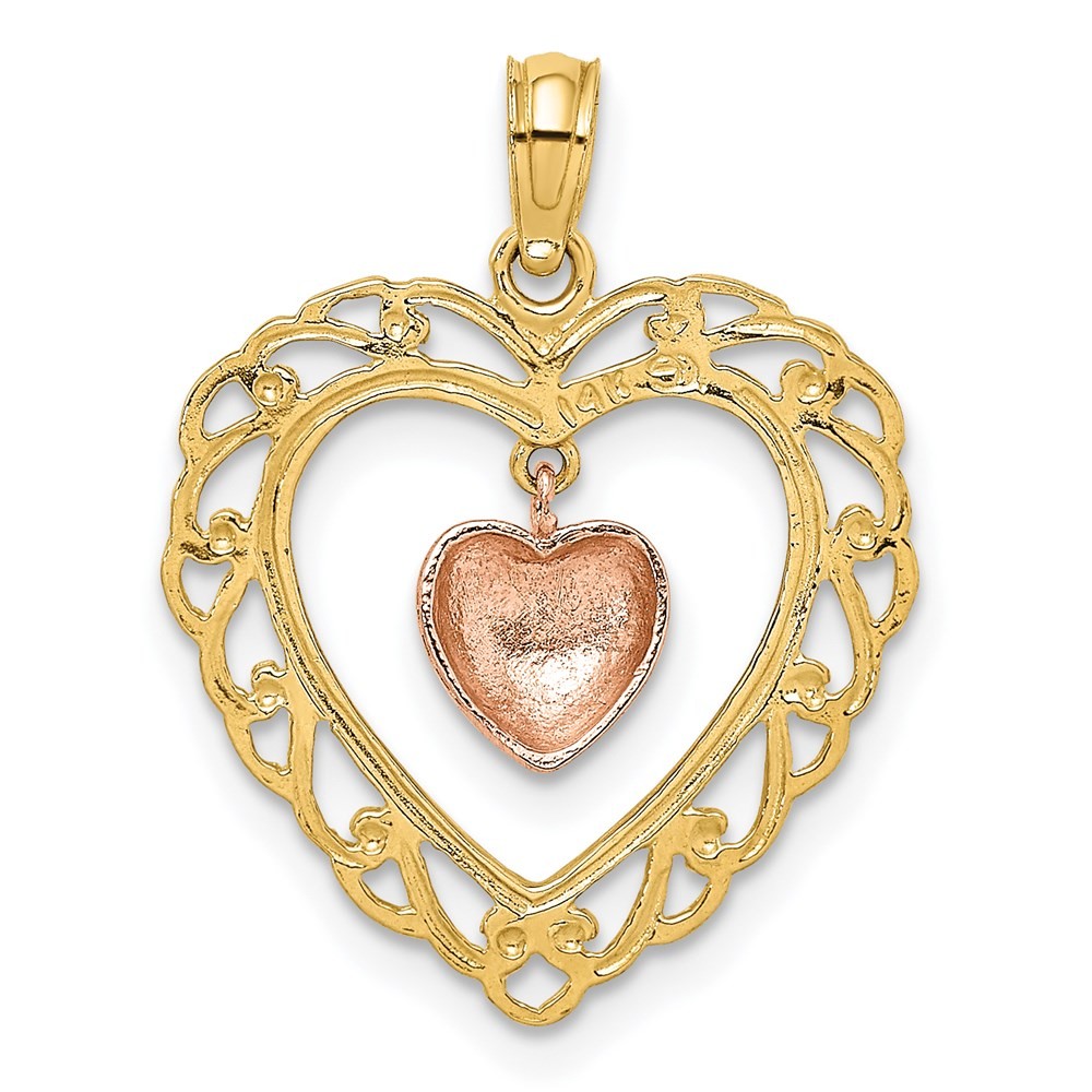 14k Two-tone Gold Polished Dangling Heart In Heart Charm Pendant L-22.5 mm
