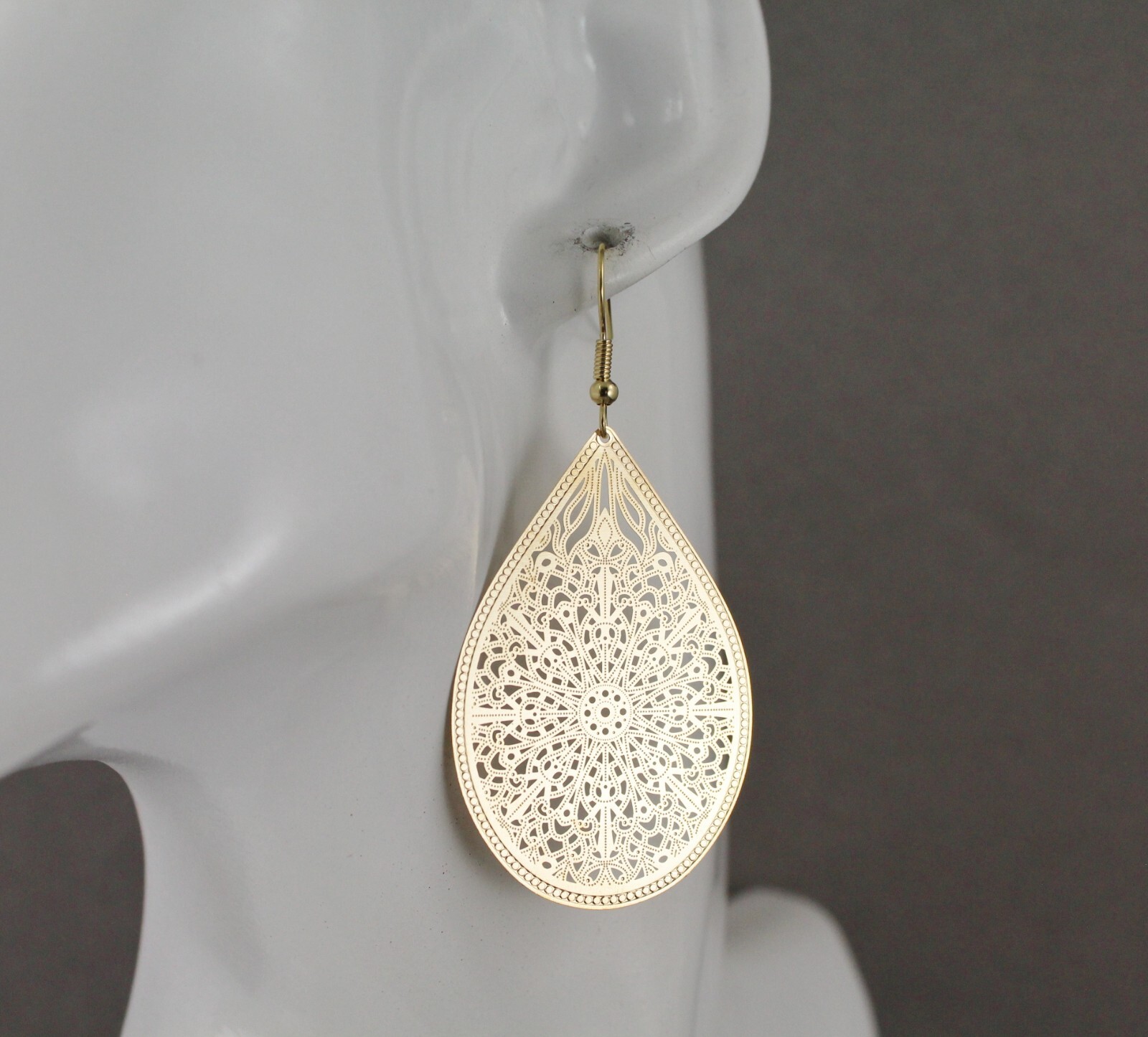 Gold earrings teardrop dangle shiny VERY lightweight filigree earrings 2.5″ long