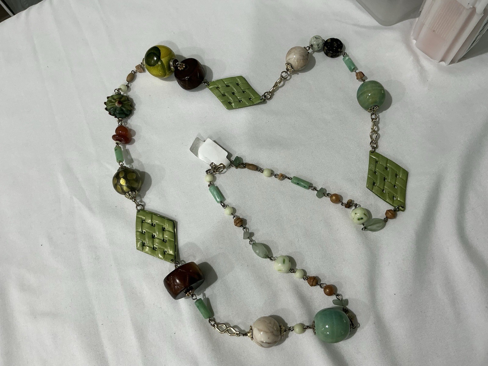 Green Brown Stone Beaded Statement Necklace Metal Link Chain Round Beads