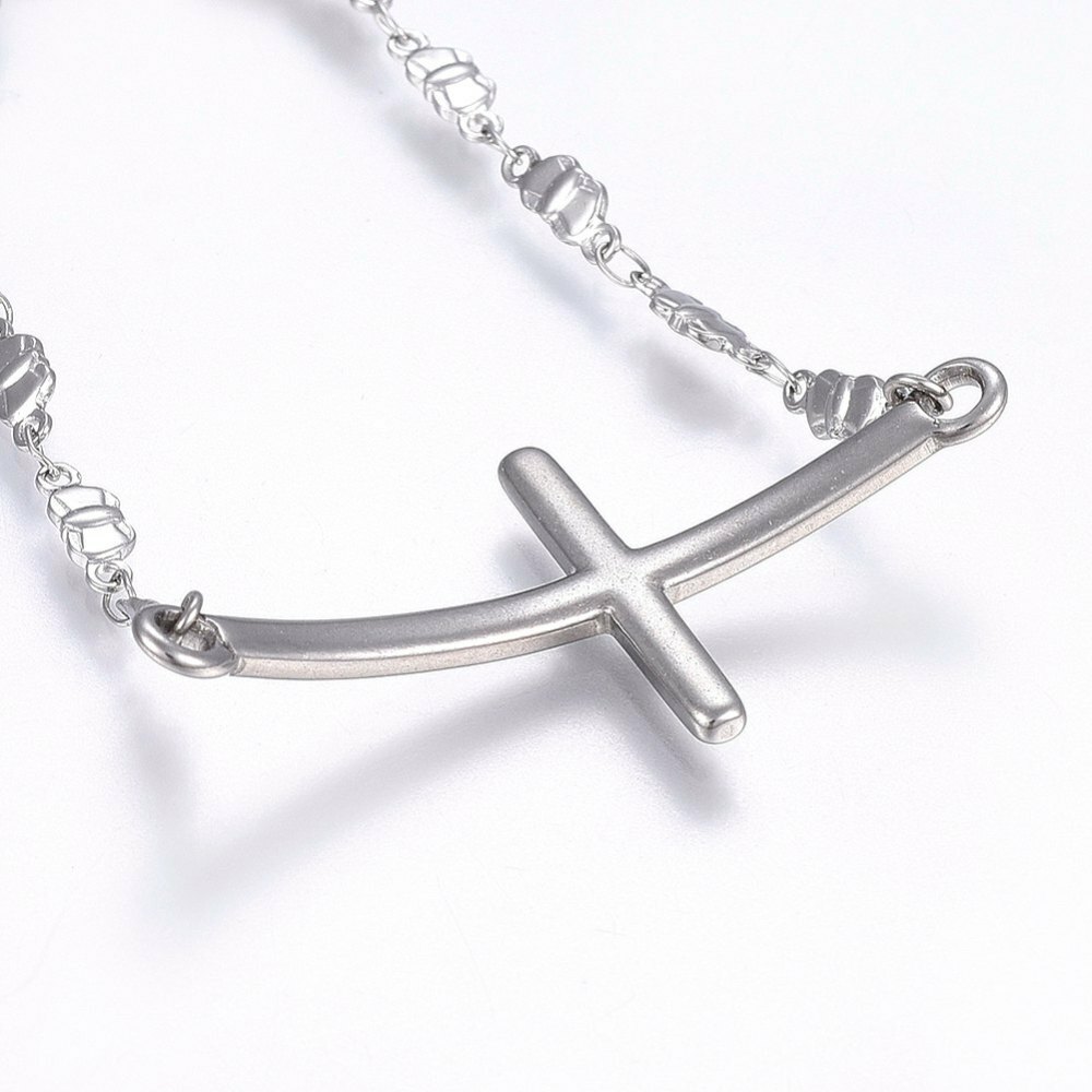 Stainless Steel Link Bracelet Lobster Cross Bowknot Silver Color 7.8″ 3.5mm A76