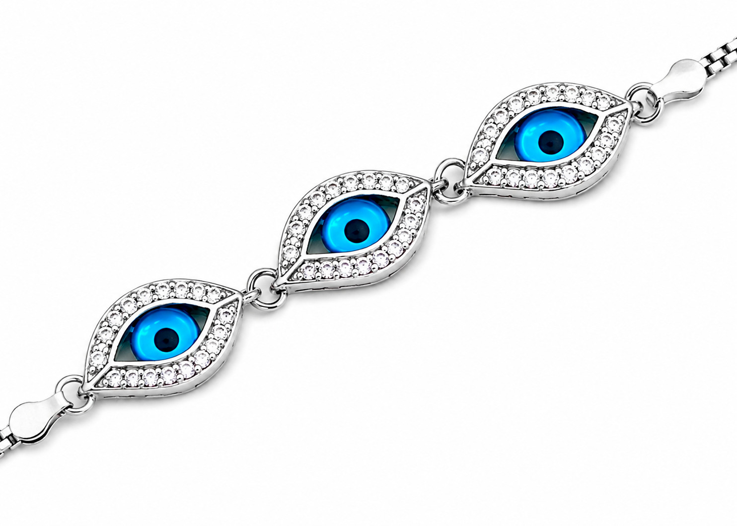 925 Sterling Silver Bracelet with a blue eye design, sparkling stones