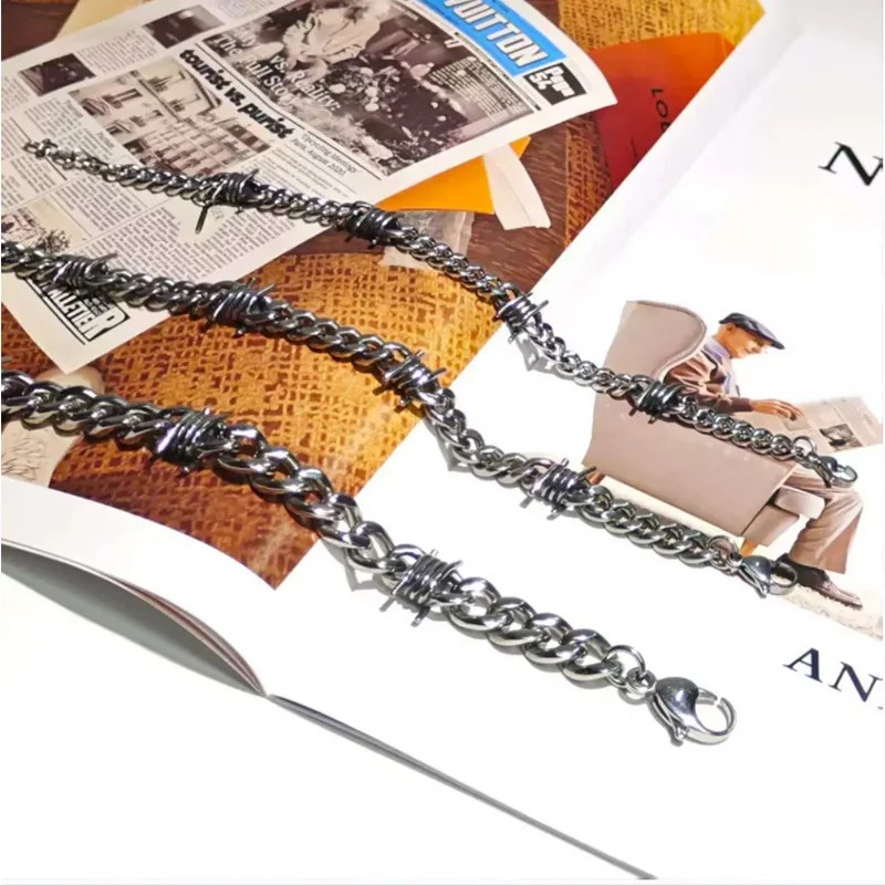Barbed Wire Cuban Link Chain Bracelet Adjustable Stainless Steel Punk Emo