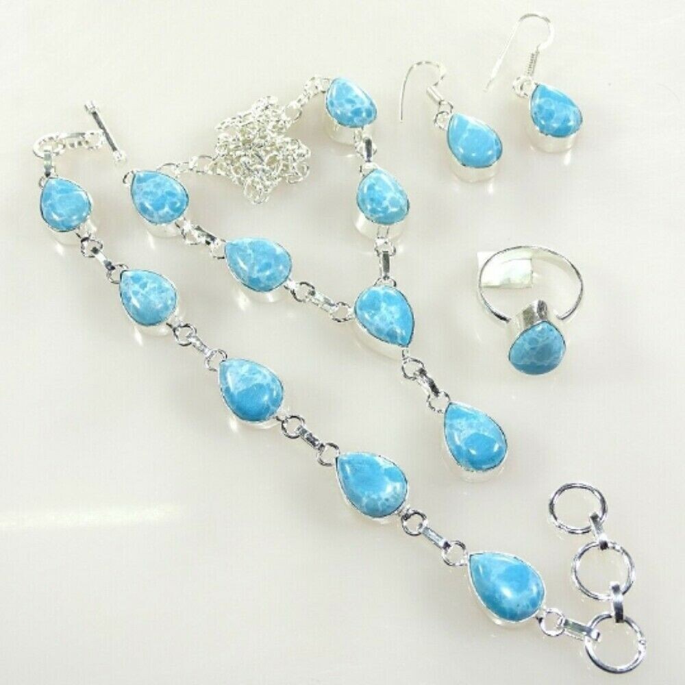 Larimar Gemstone 925 Silver Handmade Necklace, Bracelet, Ring, Earring Set