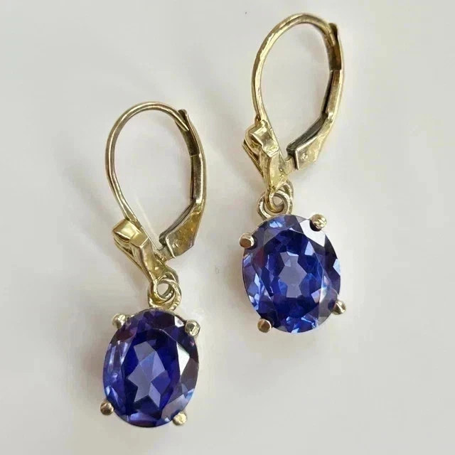 3Ct Oval Cut Drop/Dangle Lab Created Tanzanite Earrings 14K Yellow Gold Plated