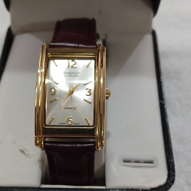 Gruen Embassy Quartz Rectangular Gold Tone Watch Brown Leather Strap w/ Box