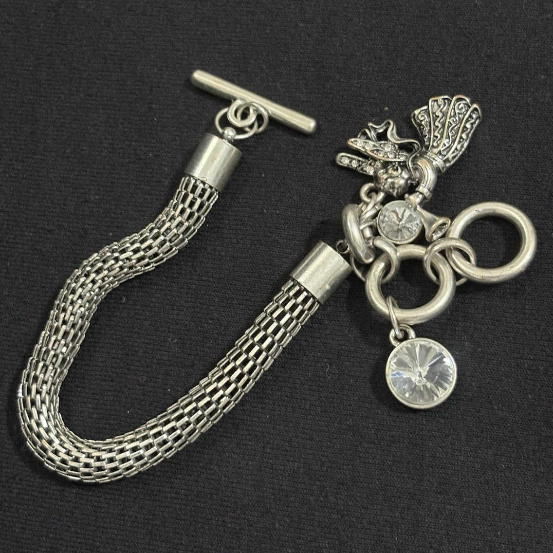 Vintage Silver Tone Fairy Charm Mesh Bracelet Crystal Dangle Toggle Statement 8”