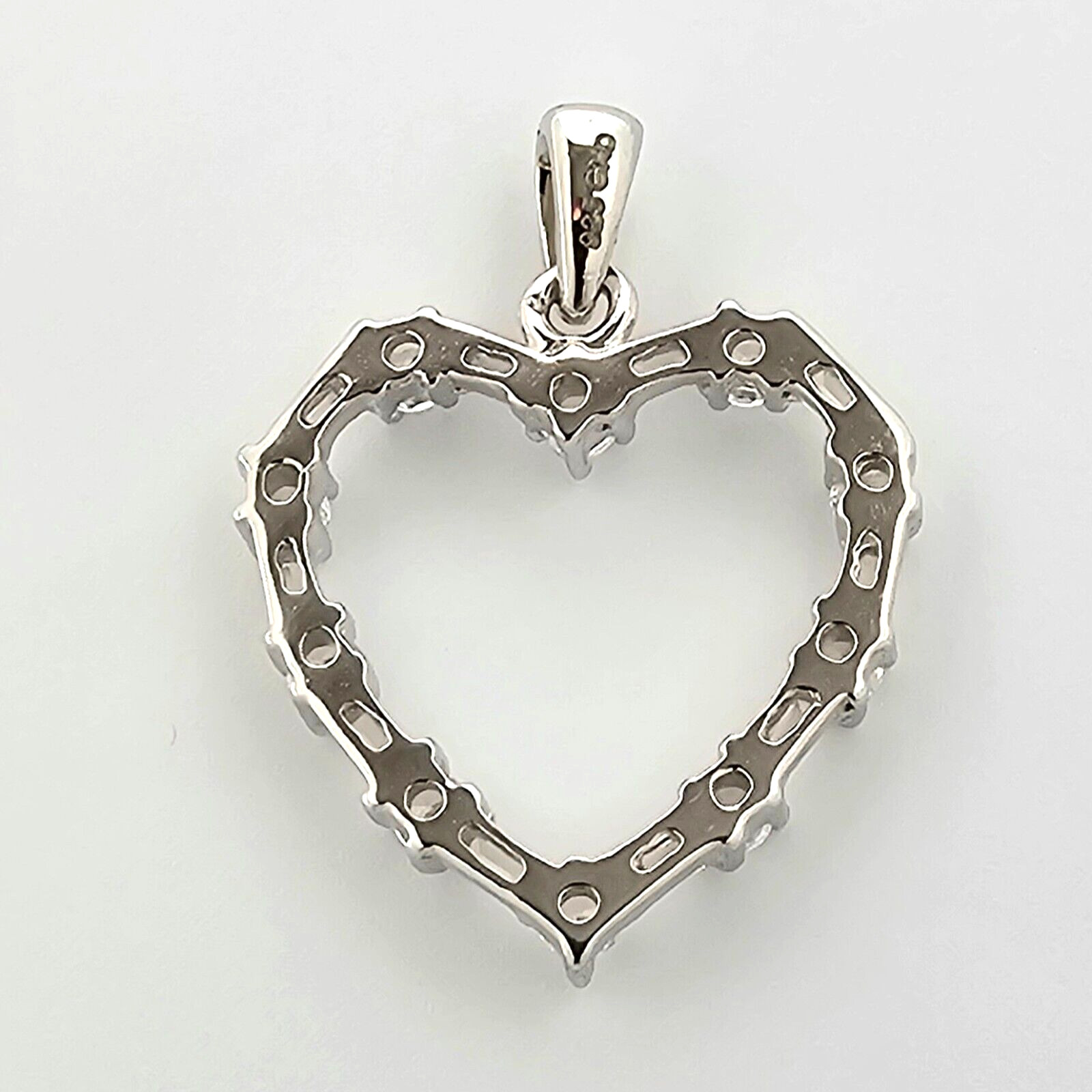 Solid 925 Sterling Silver Heart Outline Pendant With Round & Baguette, Prong Set