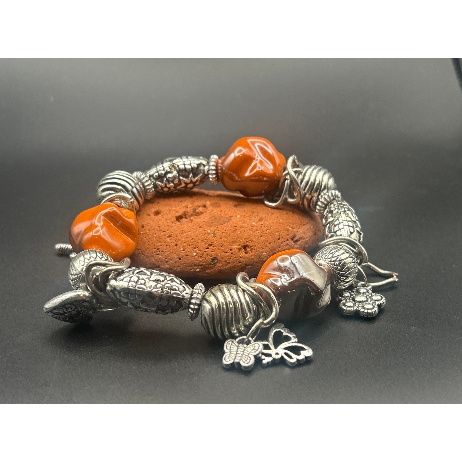 Vintage Orange Beaded Charm Bracelet | Silver Tone Heart Butterfly Dragonfly