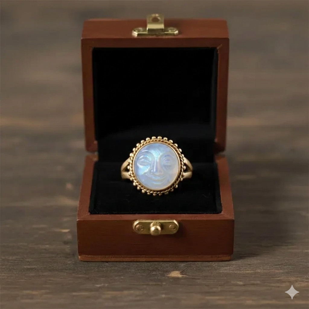 14K Gold Moonstone Face Ring | Hand Moon face Carved Statement Ring Gift