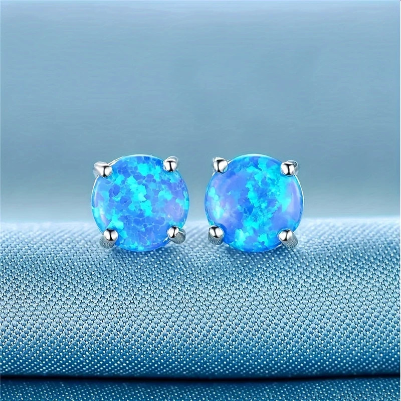 925 Sterling Silver Blue Fire Opal Round Stud Earrings 6mm Women Girls Gift