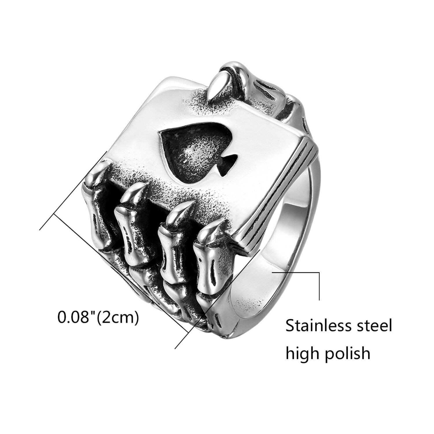 Men’s Punk Gothic Biker Skeleton Skull Playing Card Ring Stainless Steel Band US