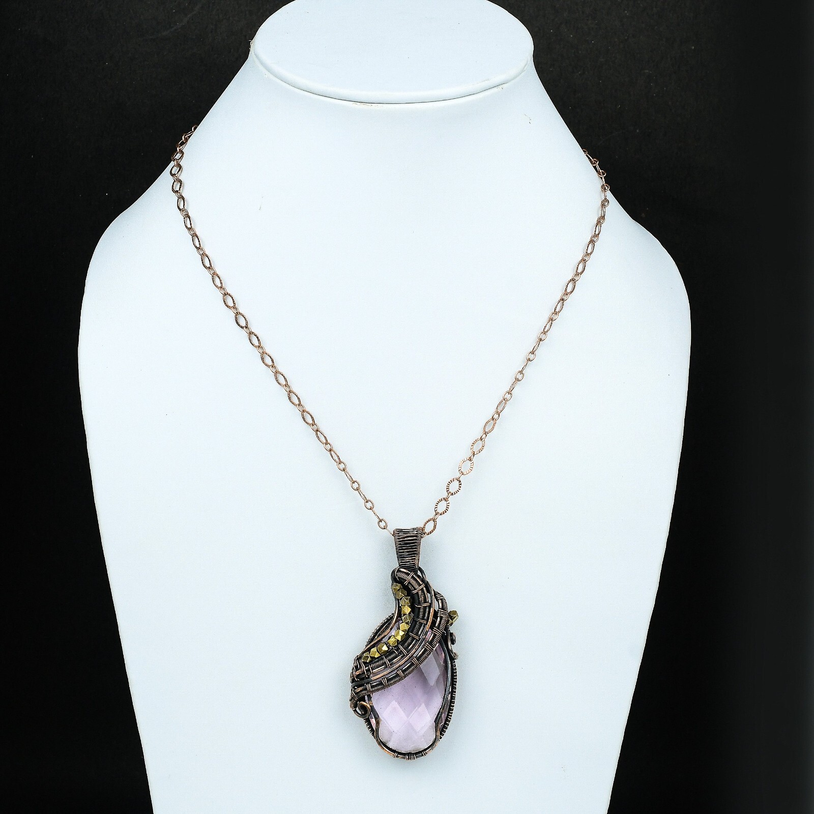 Wedding Gift For Her Copper Pink Kunzite Jewelry Wire Wrapped Pendant 2.87″