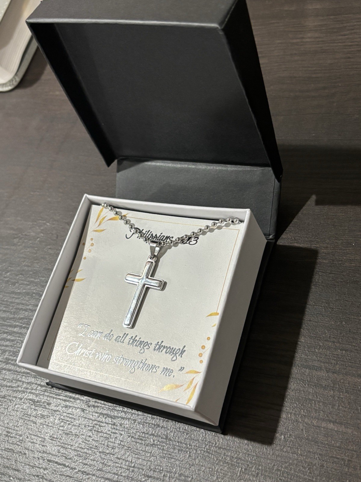 Silver Tone Cross Pendant Necklace Ball/Bead Chain Gift Box Scripture Card