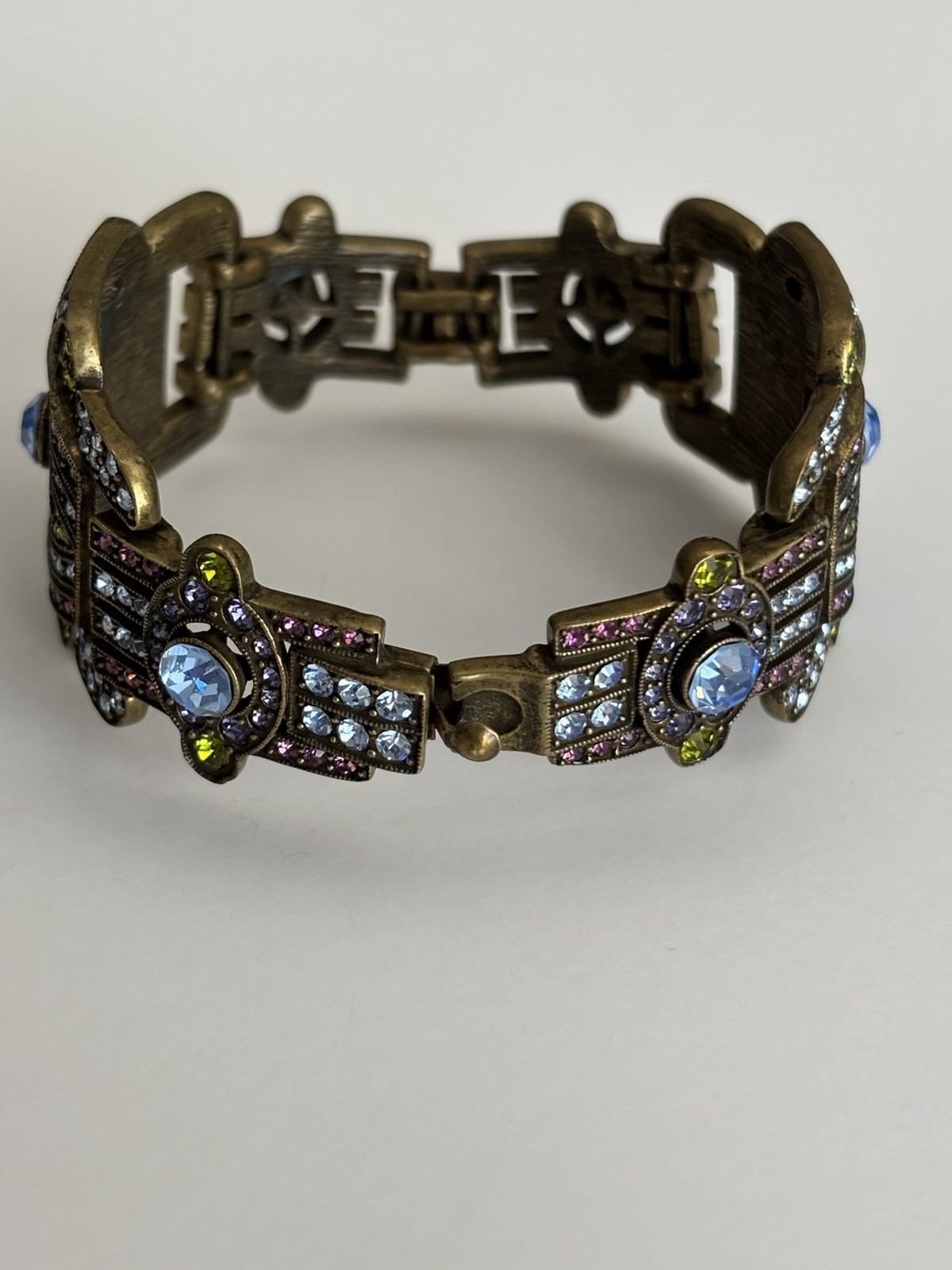 Heidi Daus Signed Art Deco Crystal Rhinestone Bracelet Bronze Tone 7.5″