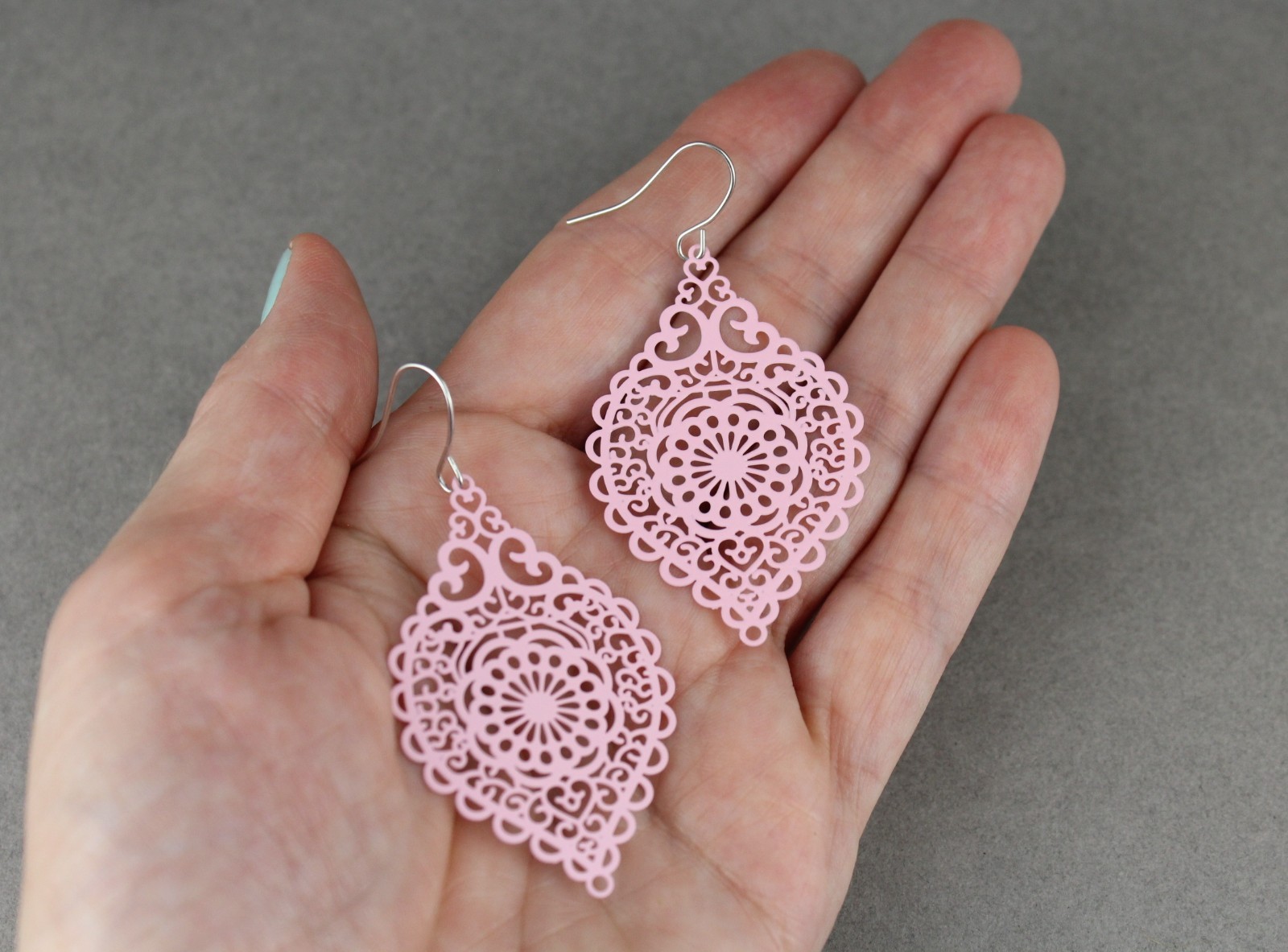 light Pink earrings teardrop dangle VERY lightweight filigree 2 3/8″ long floral
